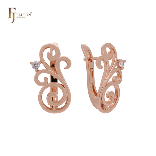 Filigree branches of white CZ Rose Gol Clip-On Earrings