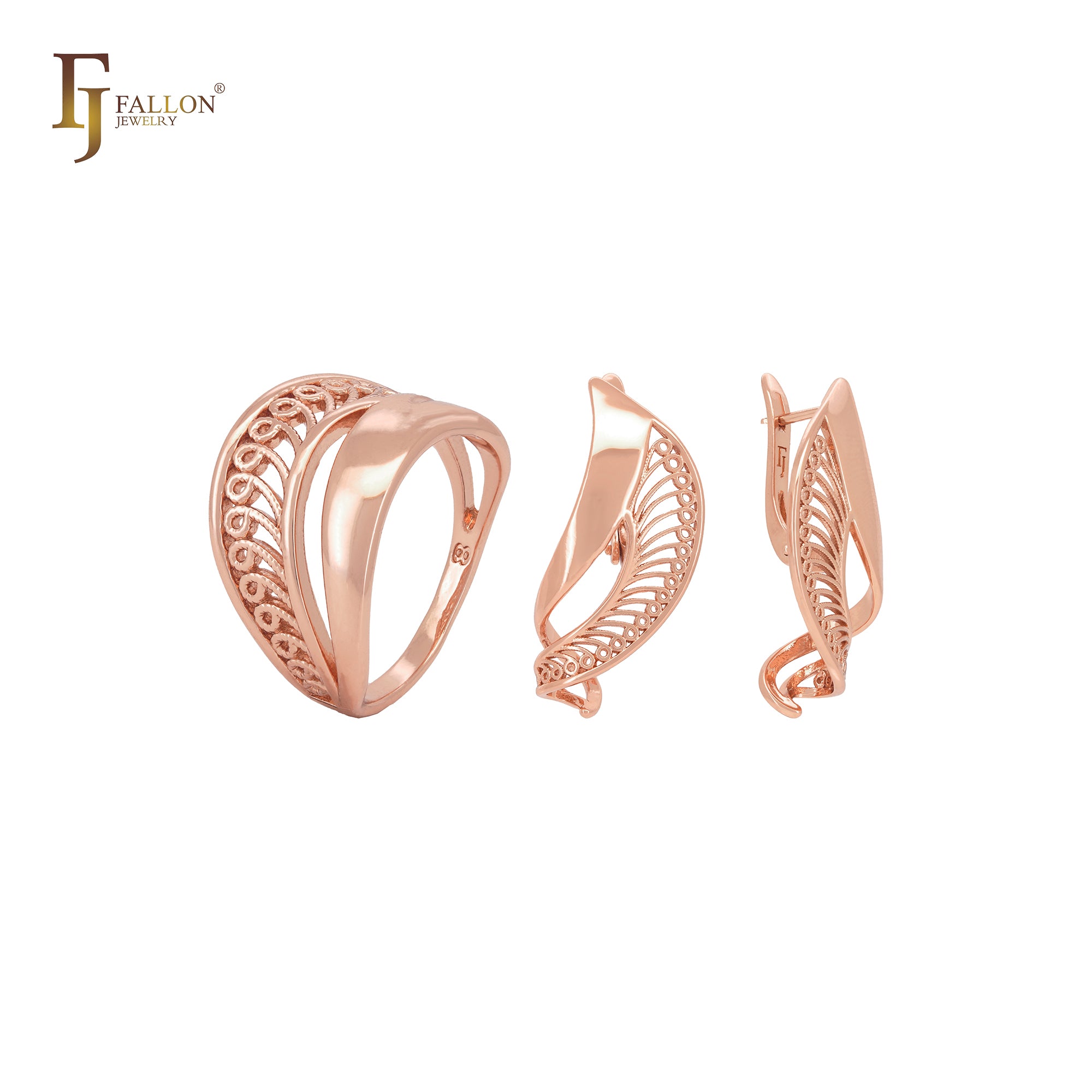 Flying filigree twisted ribbon Rose Gold fashion Jewelry Set with Rings