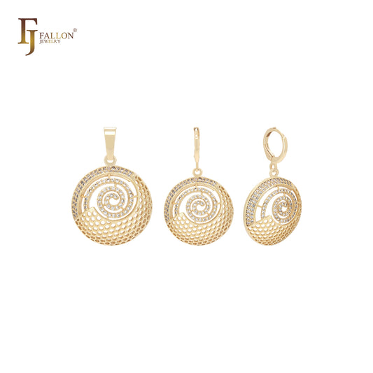 Circular globe of sift with spinning white CZs 14K Gold Jewelry Set with Pendant