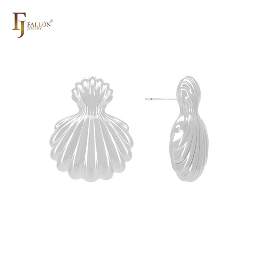 Double shell shaped skirt 14K Gold, Rose Gold, White Gold Stud Earrings