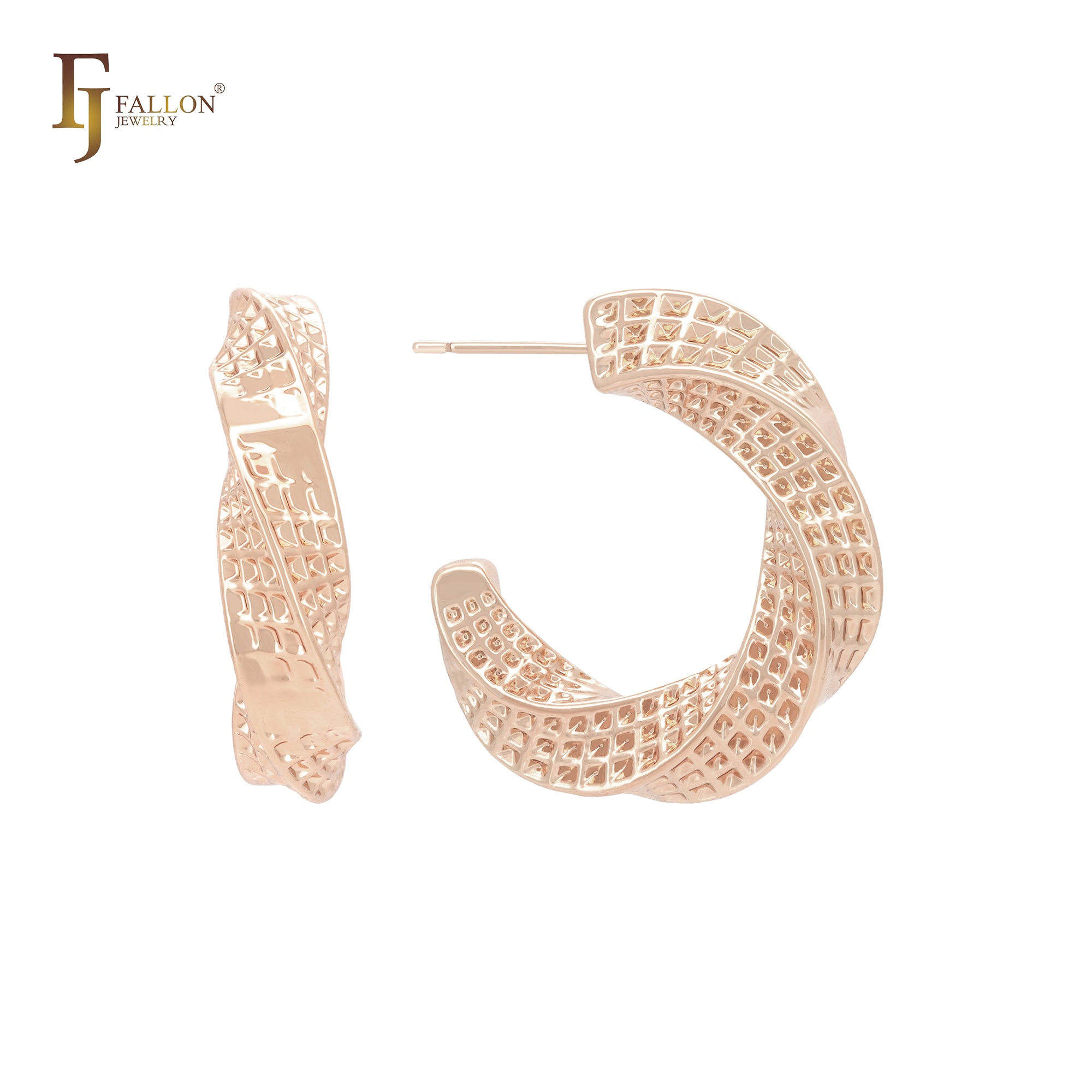 Mesh twisted waffle C hoop 14K Gold, Rose Gold, White Gold Stud Earrings