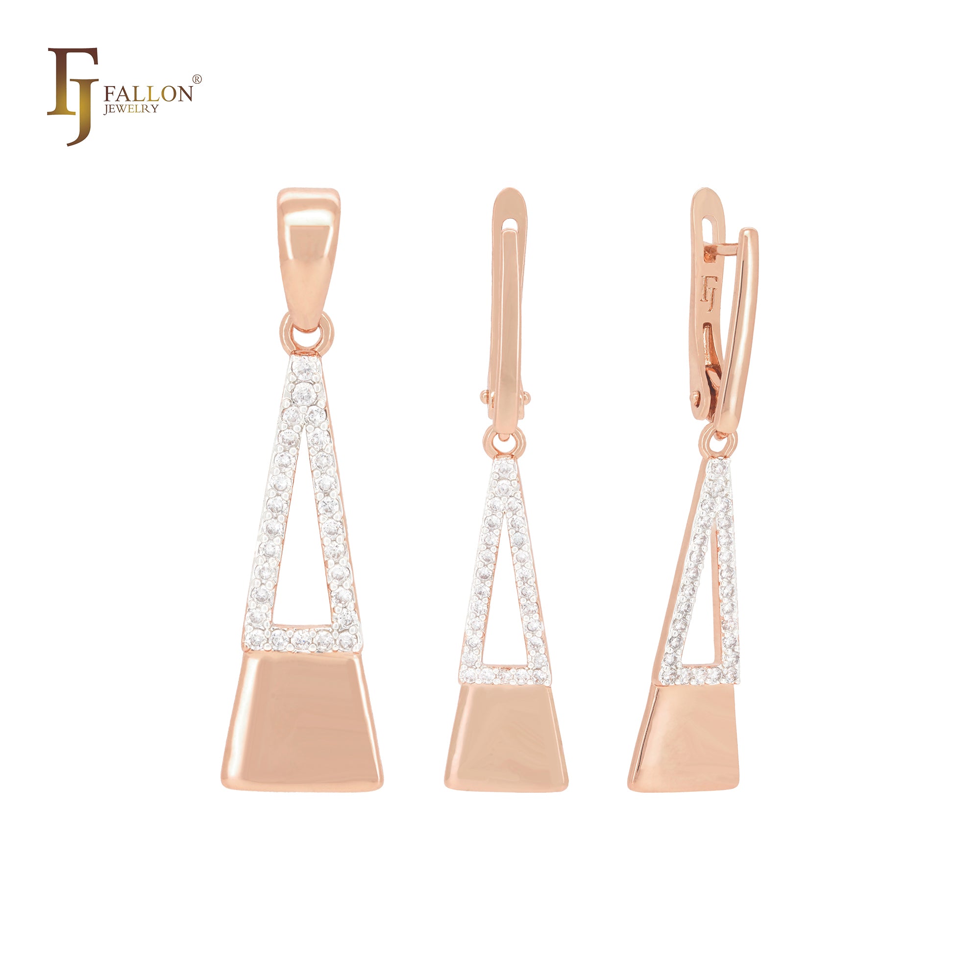 Double Triangular pendulum of white CZs Rose Gold Jewelry Set with Pendant