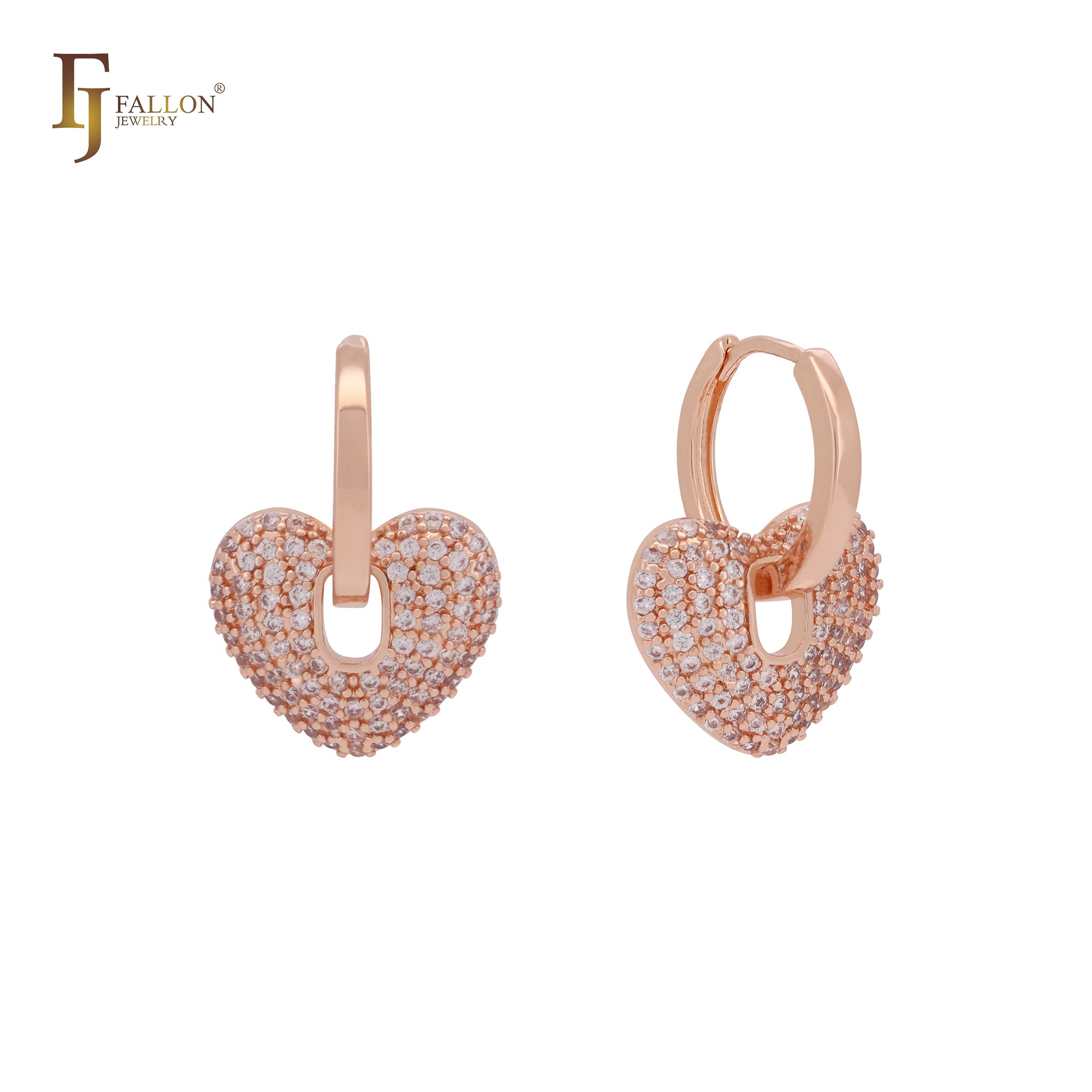 Cluster white CZs hearty heart lock Rose Gold huggie earrings