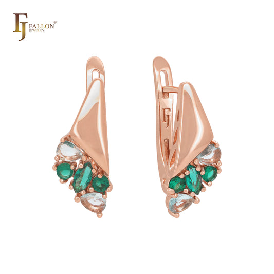 Luxurious white and green CZs cluster Rose Gold Clip-On Earrings