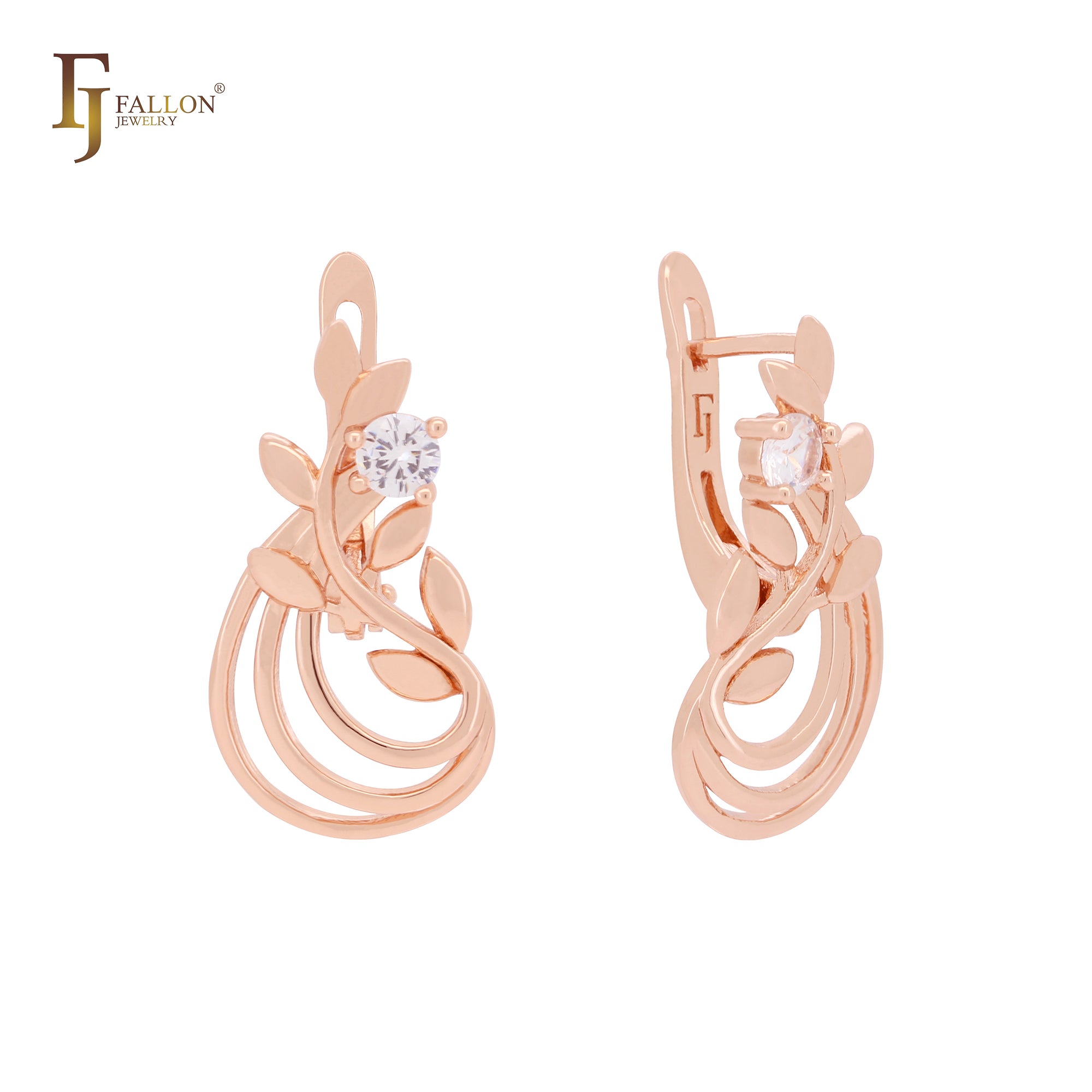 Triple rows of branches and leaves white CZ Rose Gold Clip-On Earrings