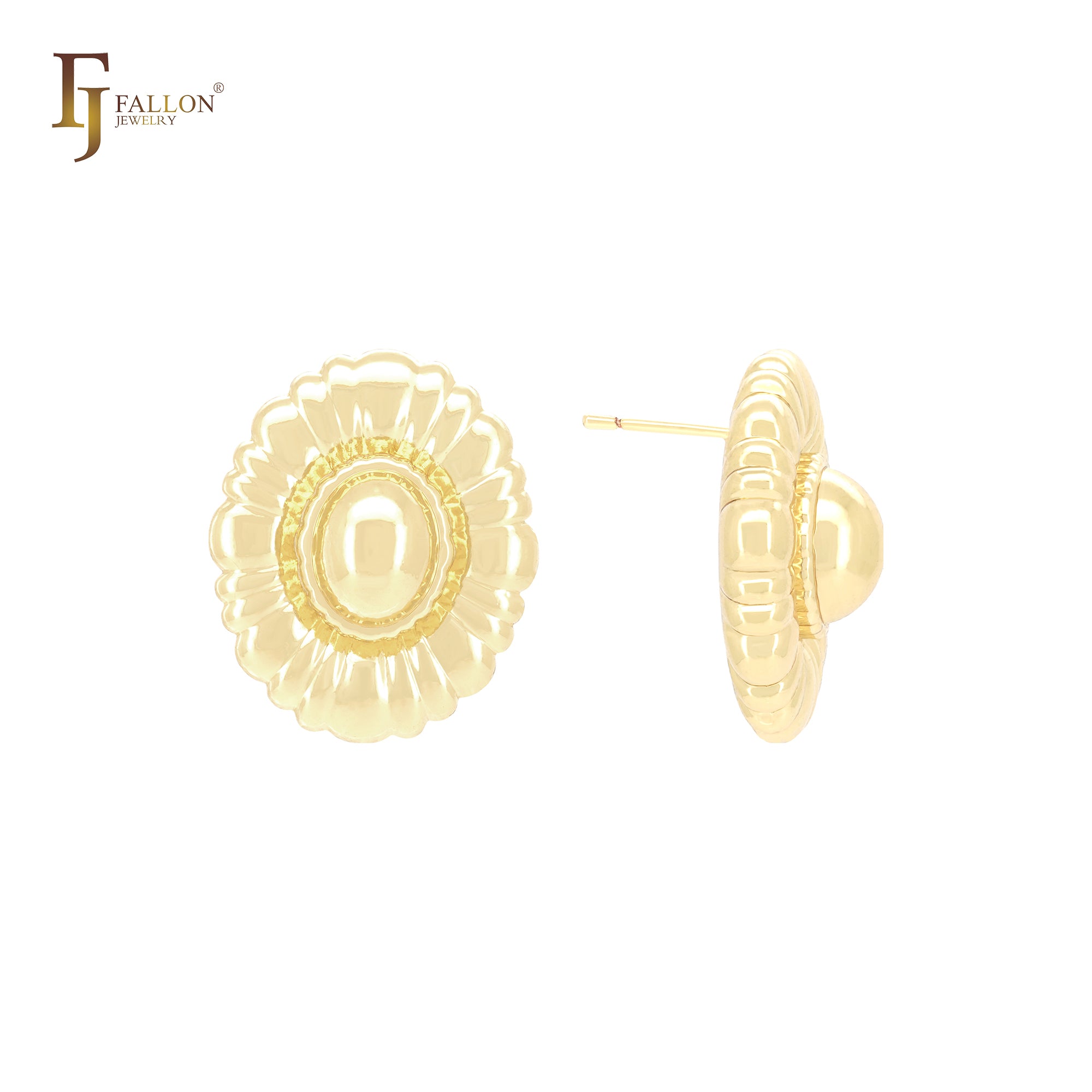 Oval sunflower of beads shaped 14K Gold, Rose Gold, White Gold Stud Earrings