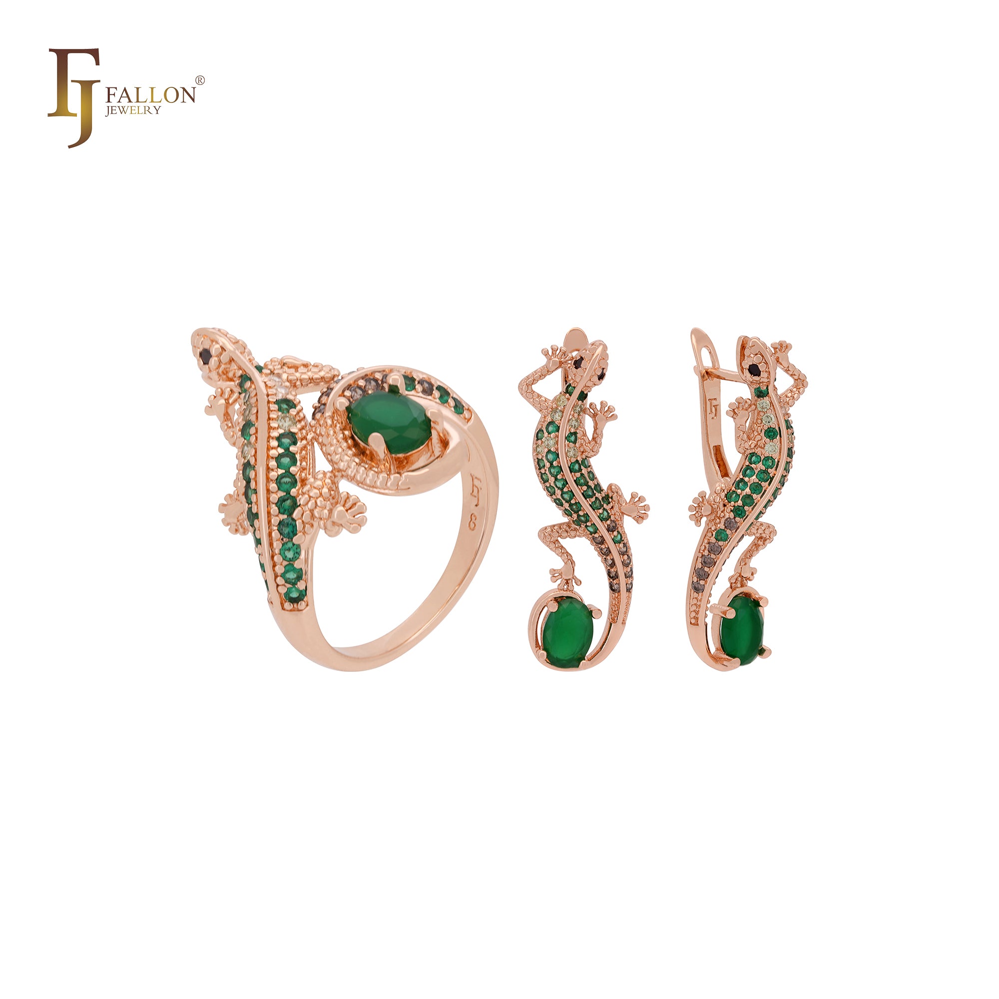 Chameleon cluster emerald green CZs luxurious Rose Gold Jewelry Set with Rings