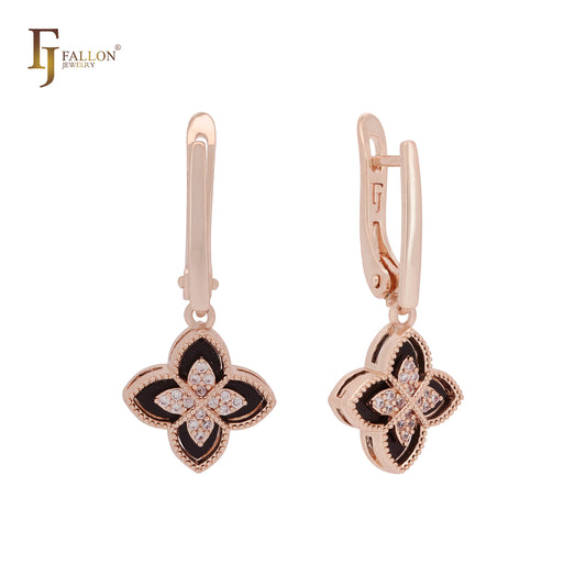 Black and white layered clover 14K Gold, Rose Gold Clip-On Earrings