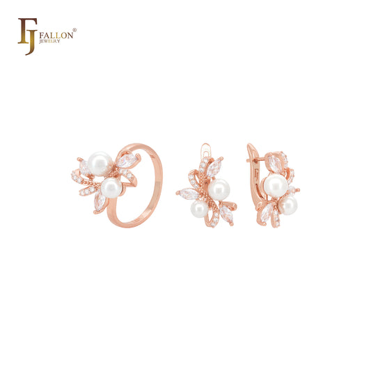 Luxurious pearls and white CZs Rose Gold Jewelry Set with Rings