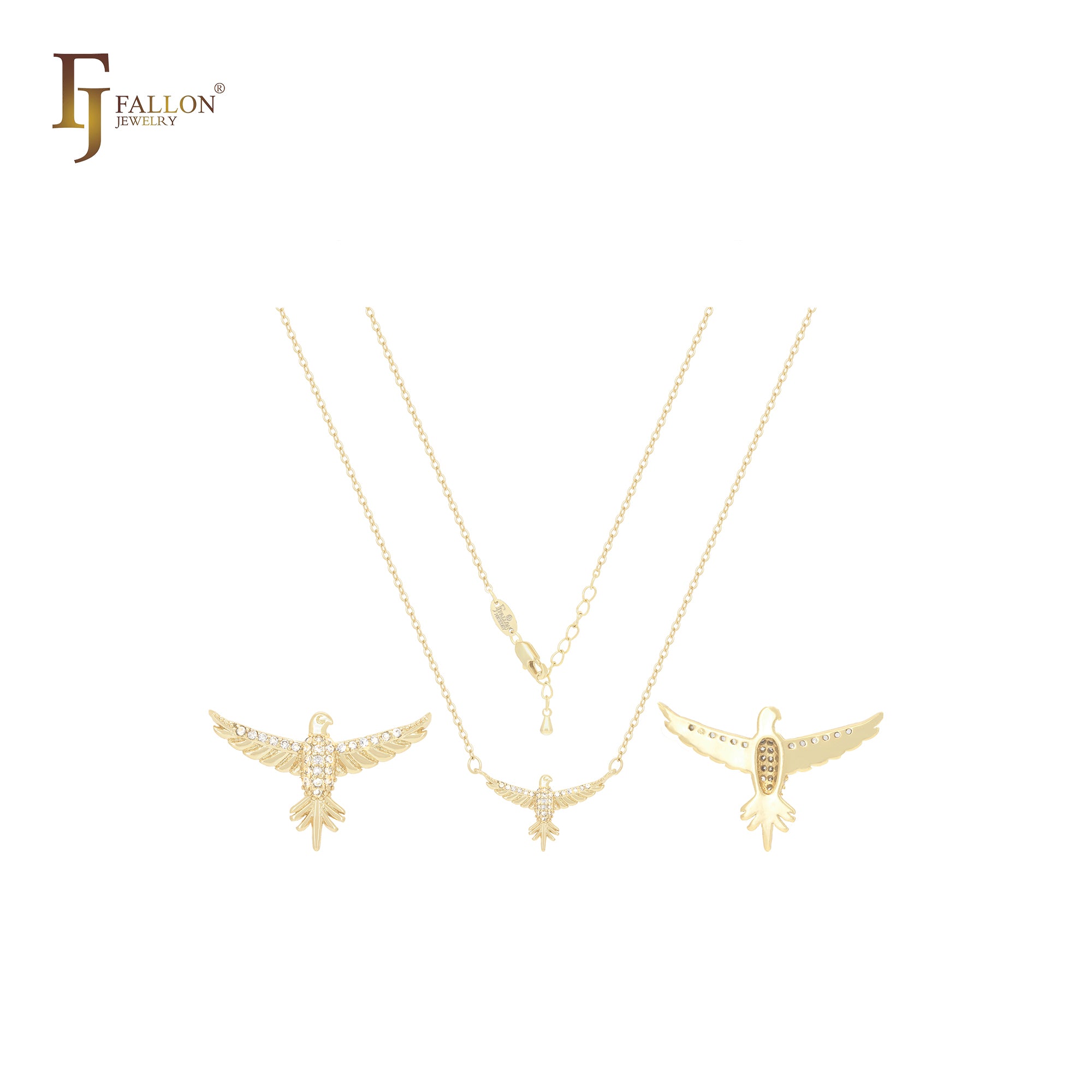 Eagle flying with white CZs 14K Gold, Rose Gold Necklace