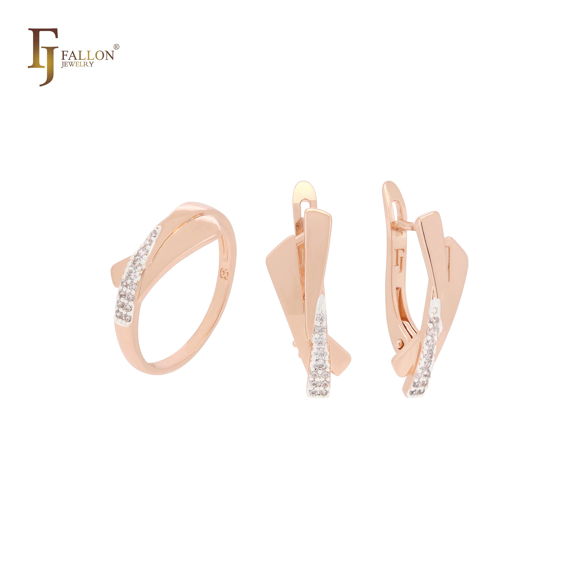 Triangular interlocking riboons with white CZs Rose Gold two tone Jewelry Set with Rings