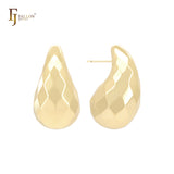 Rhombus textured curved teardrop 14K Gold, Rose Gold, White Gold Stud Earrings