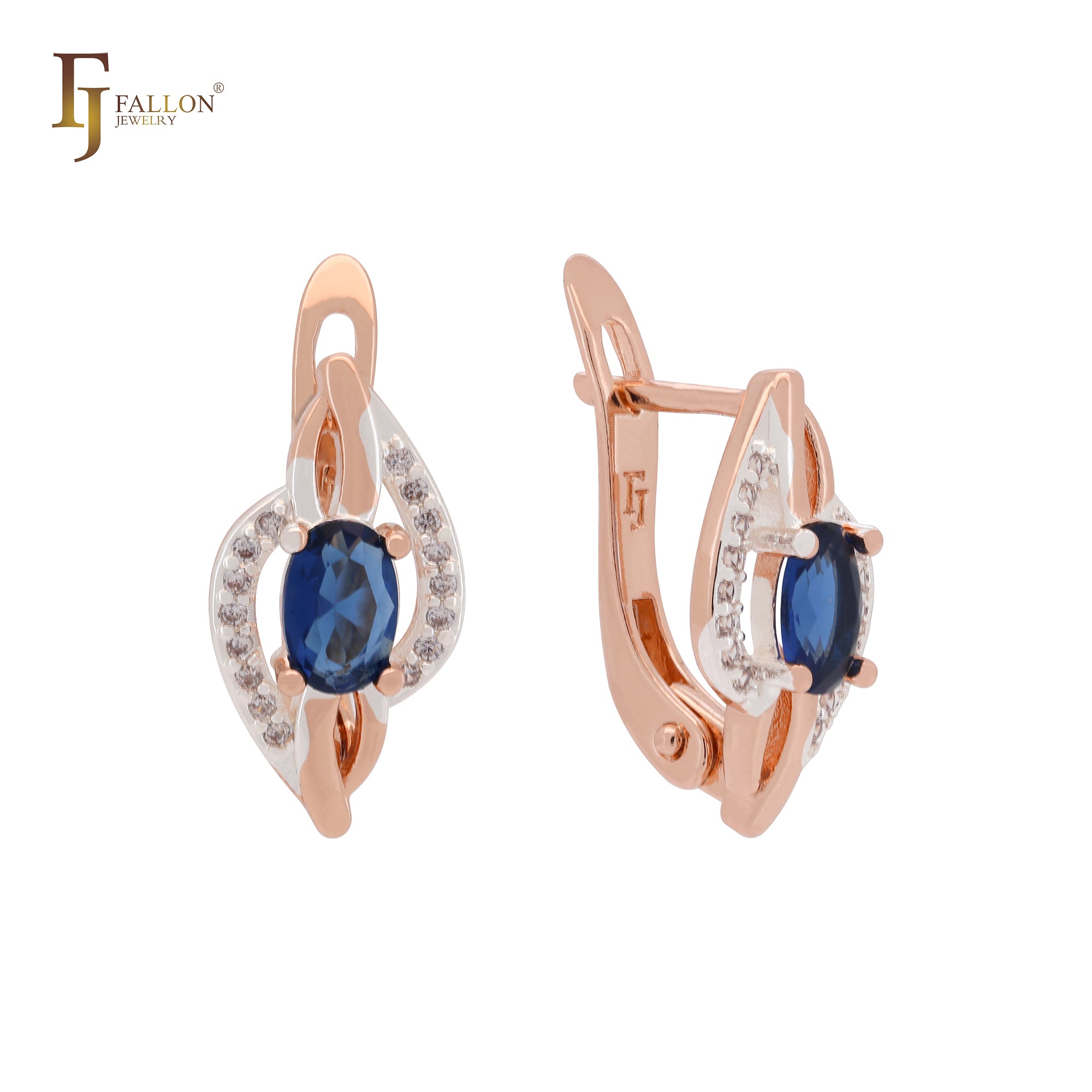 Solitaire blue cz surrounded by white czs Rose Gold two tone Clip-On Earrings