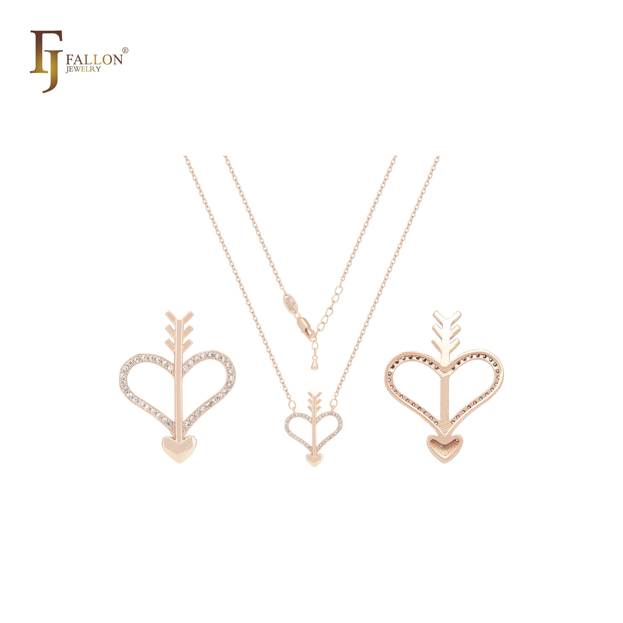 Arrow of heart crossing heart of white CZs 14K Gold, Rose Gold Necklace