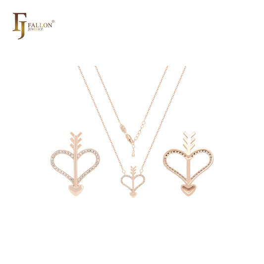 Arrow of heart crossing heart of white CZs 14K Gold, Rose Gold Necklace