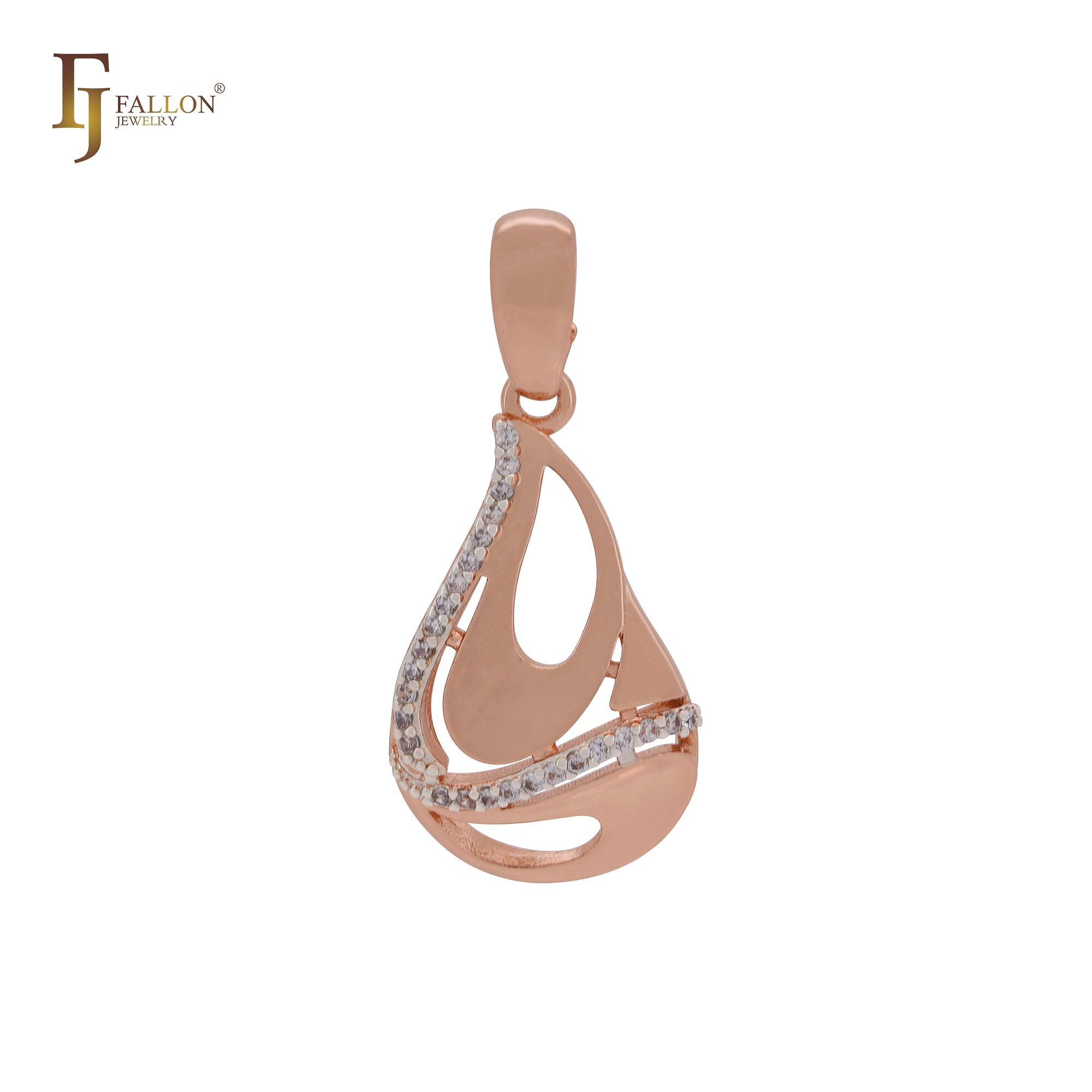 Mysterious teardrop of row of white CZs Rose Gold two tone Pendant