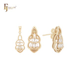 Cradle of white CZs baguette 14K Gold stud earrings Jewelry Set with Pendant