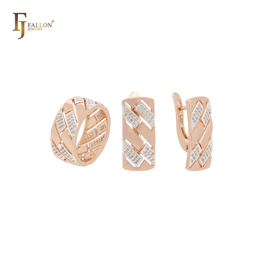 Bricks of white CZs Geometric Rose Gold two tone Jewelry Set with Rings