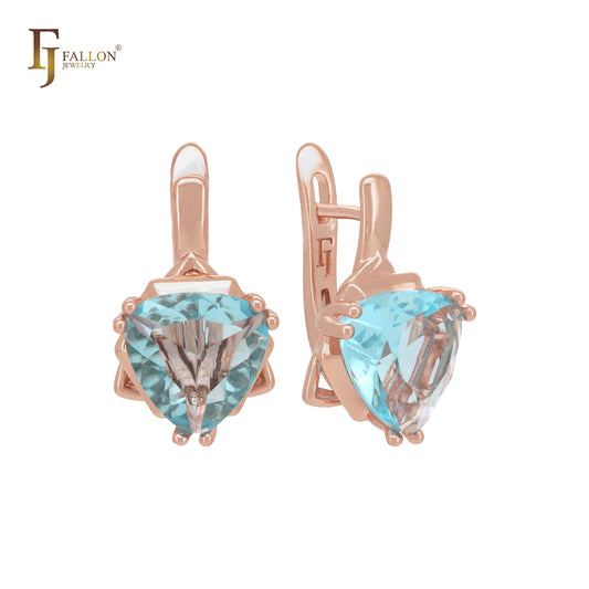 Luxurious minimalism triangular bug solitaire clawed lake blue CZ Rose Gold Clip-On Earrings