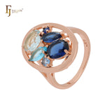 Luxurious Cluster Lake blue and deep blue CZs Rose Gold Fashion Rings