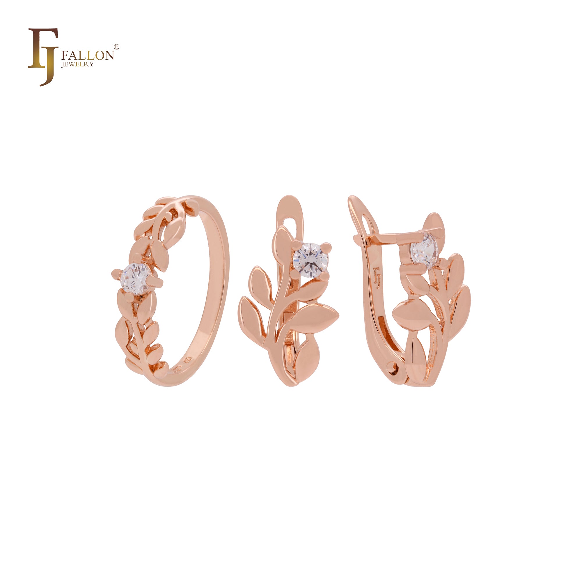 Blooming branch of solitaire white CZ Rose Gold Jewelry Set with Rings