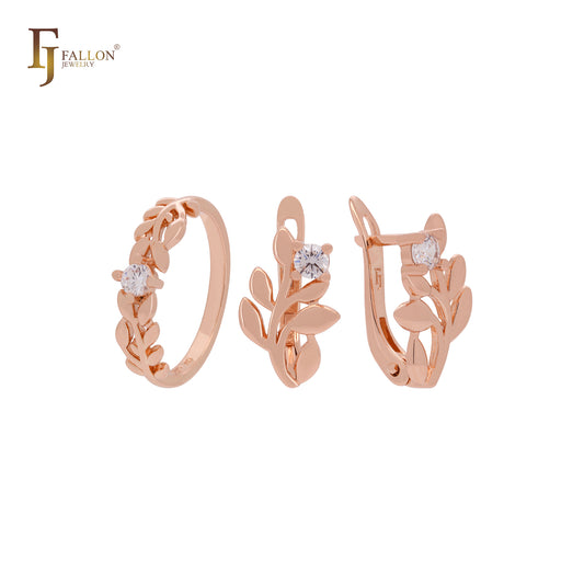 Blooming branch of solitaire white CZ Rose Gold Jewelry Set with Rings