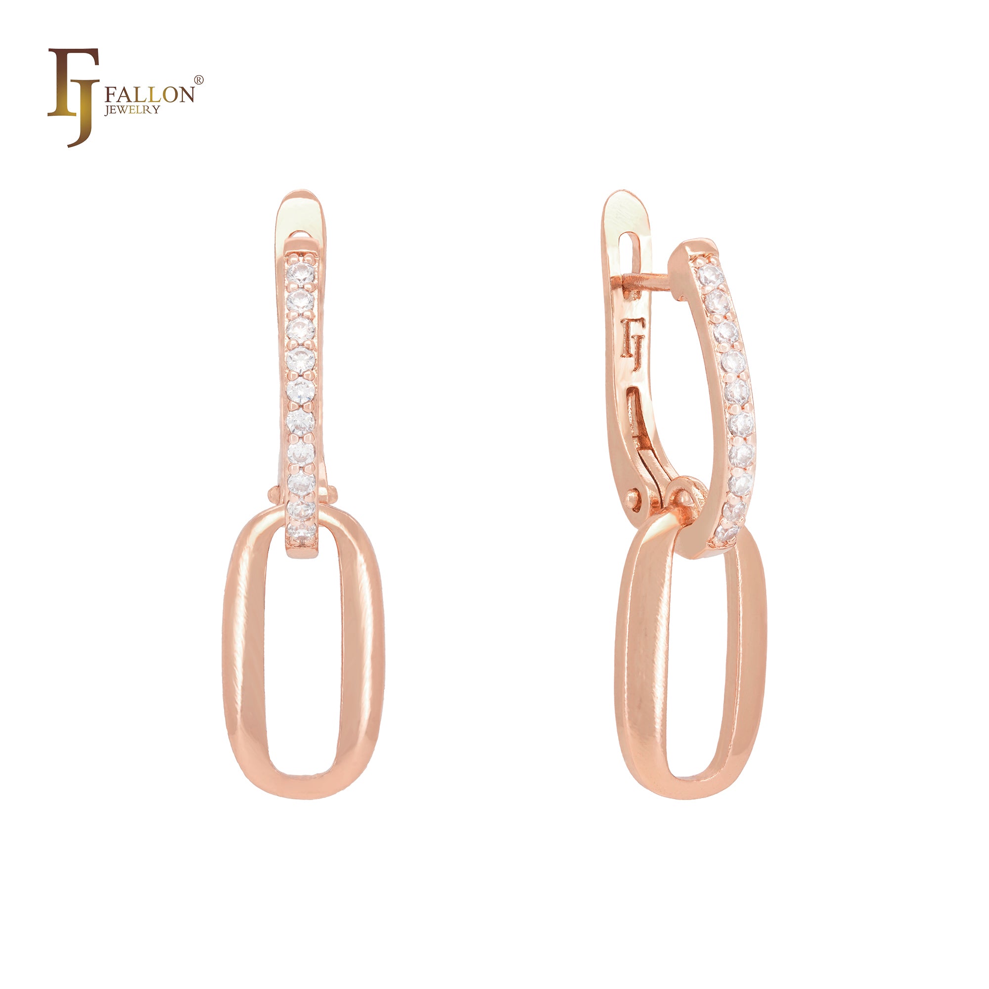 Rounded oblong paperclip of white CZs Rose Gold Clip-On Earrings