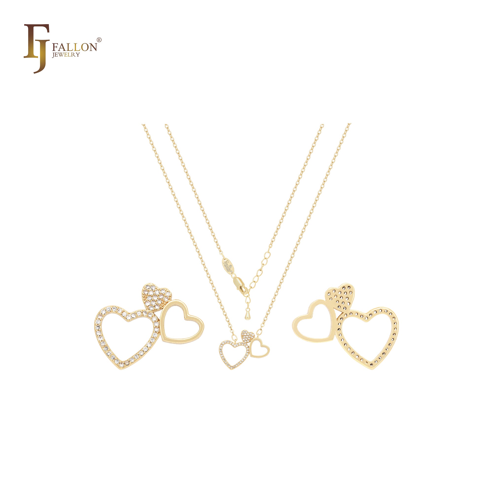 Hearts with hearts of white CZs cluster 14K Gold Necklace