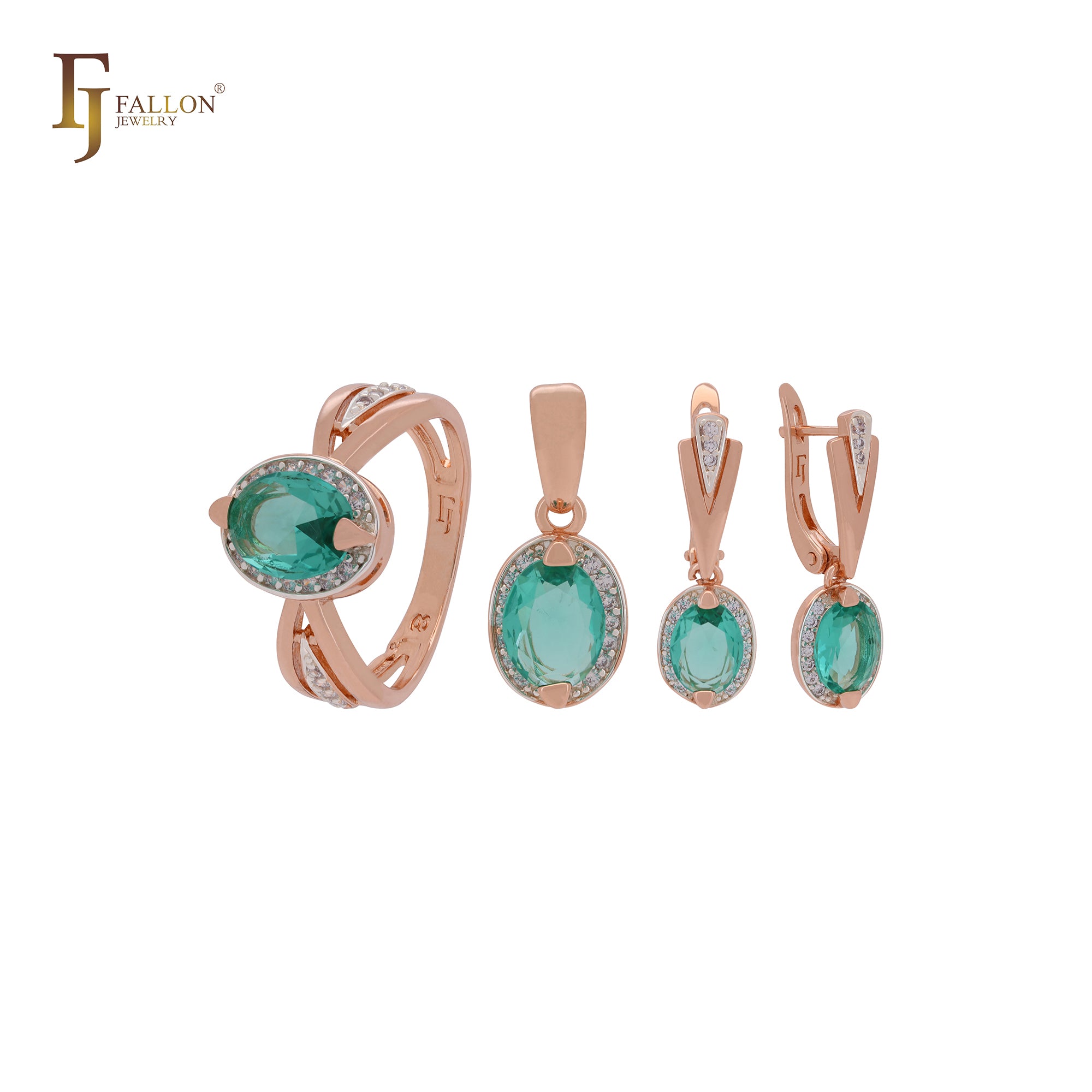 Halo giant oval deep apple green CZ with white czs Rose Gold two tone Jewelry Set with Rings and Pendant