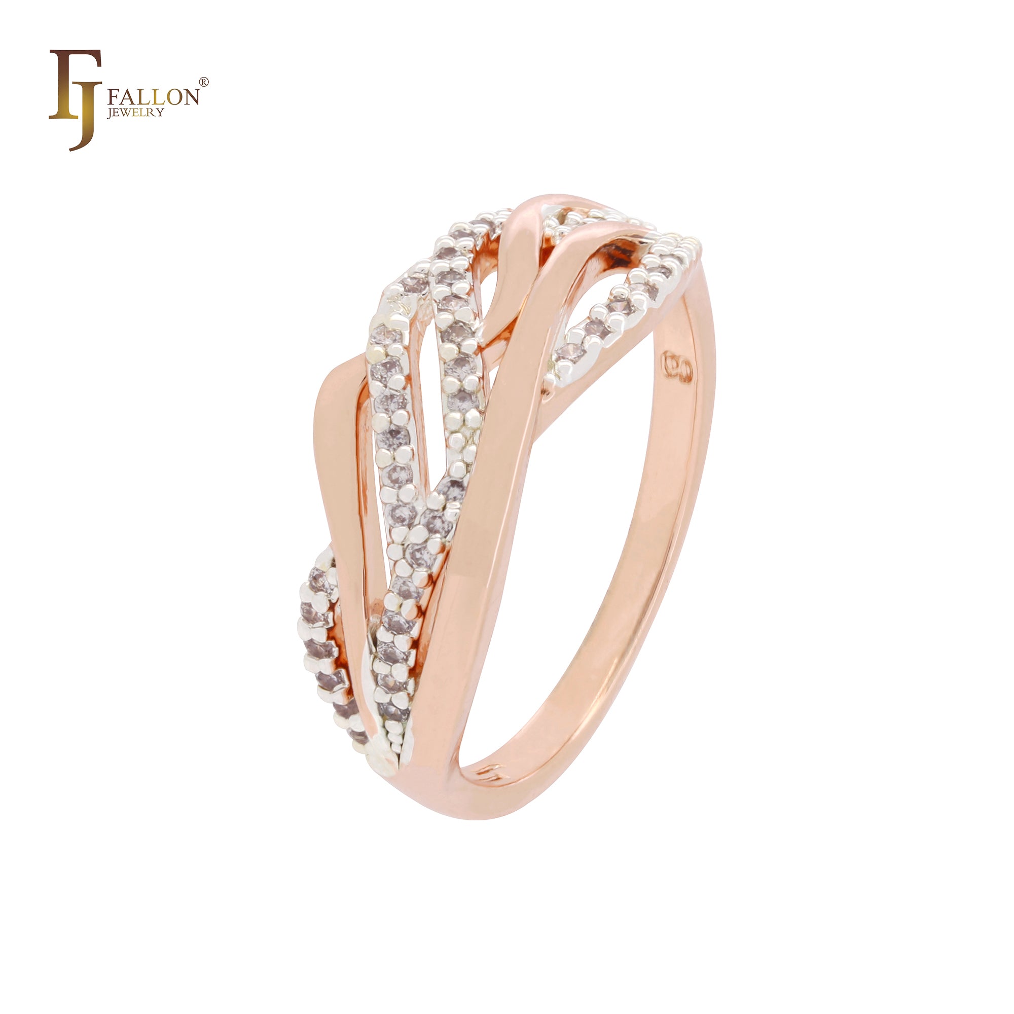 Phoenix feather of paved white CZs Rose Gold two tone Fashion Rings