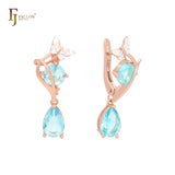 Butterfly with Lake Blue CZs Rose Gold Clip-On Earrings