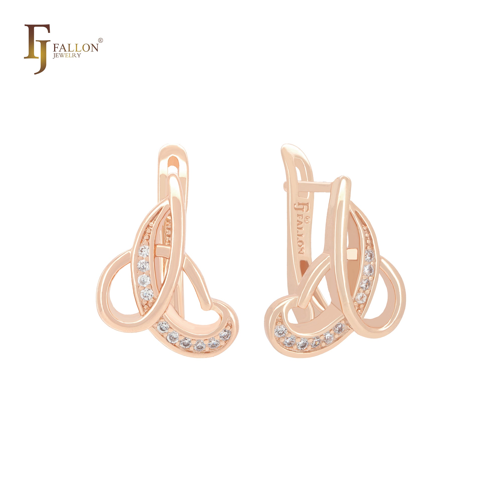 Crossing filigree wires white CZs Rose Gold Clip-On Earrings