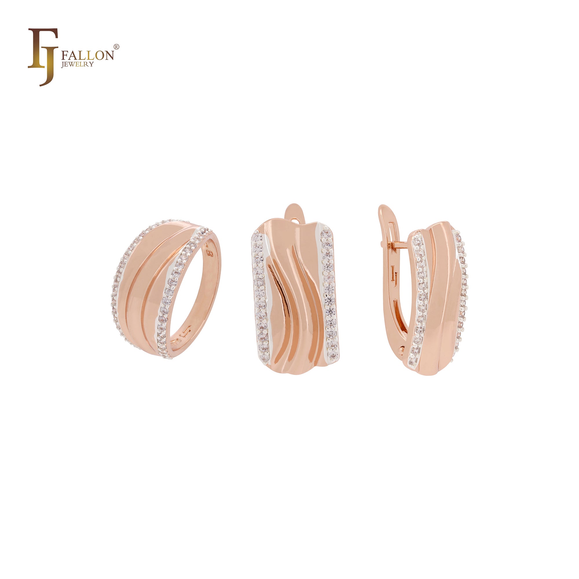 Wide bands with side paved white CZs Rose Gold two tone Jewelry Set with Rings