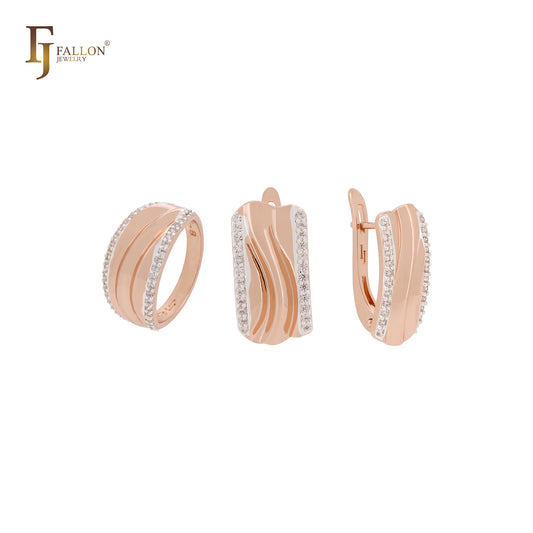 Wide bands with side paved white CZs Rose Gold two tone Jewelry Set with Rings