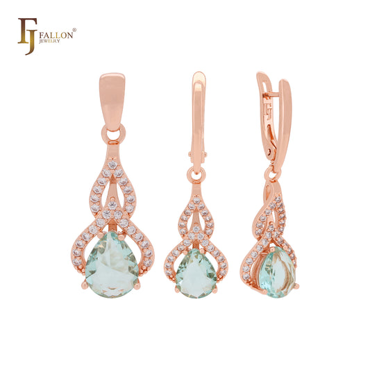 Paved white CZs with solitaire teardrop apple green CZ Rose Gold Jewelry Set with Pendant