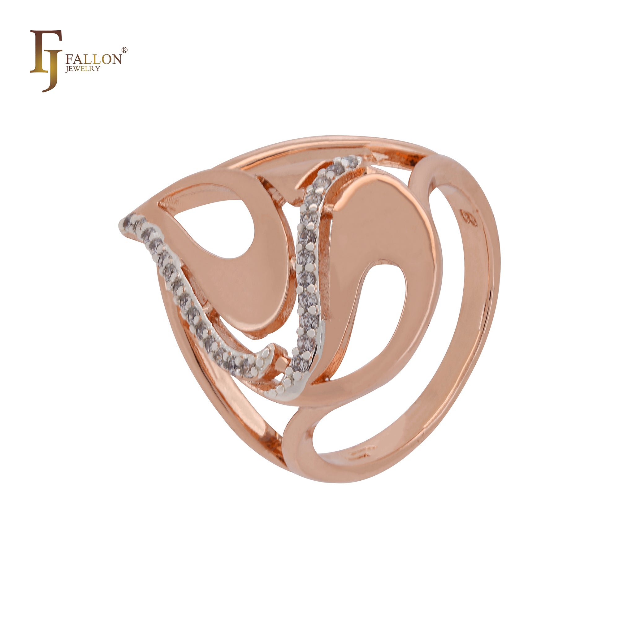 Mysterious teardrop of row of white CZs Rose Gold two tone Fashion Rings