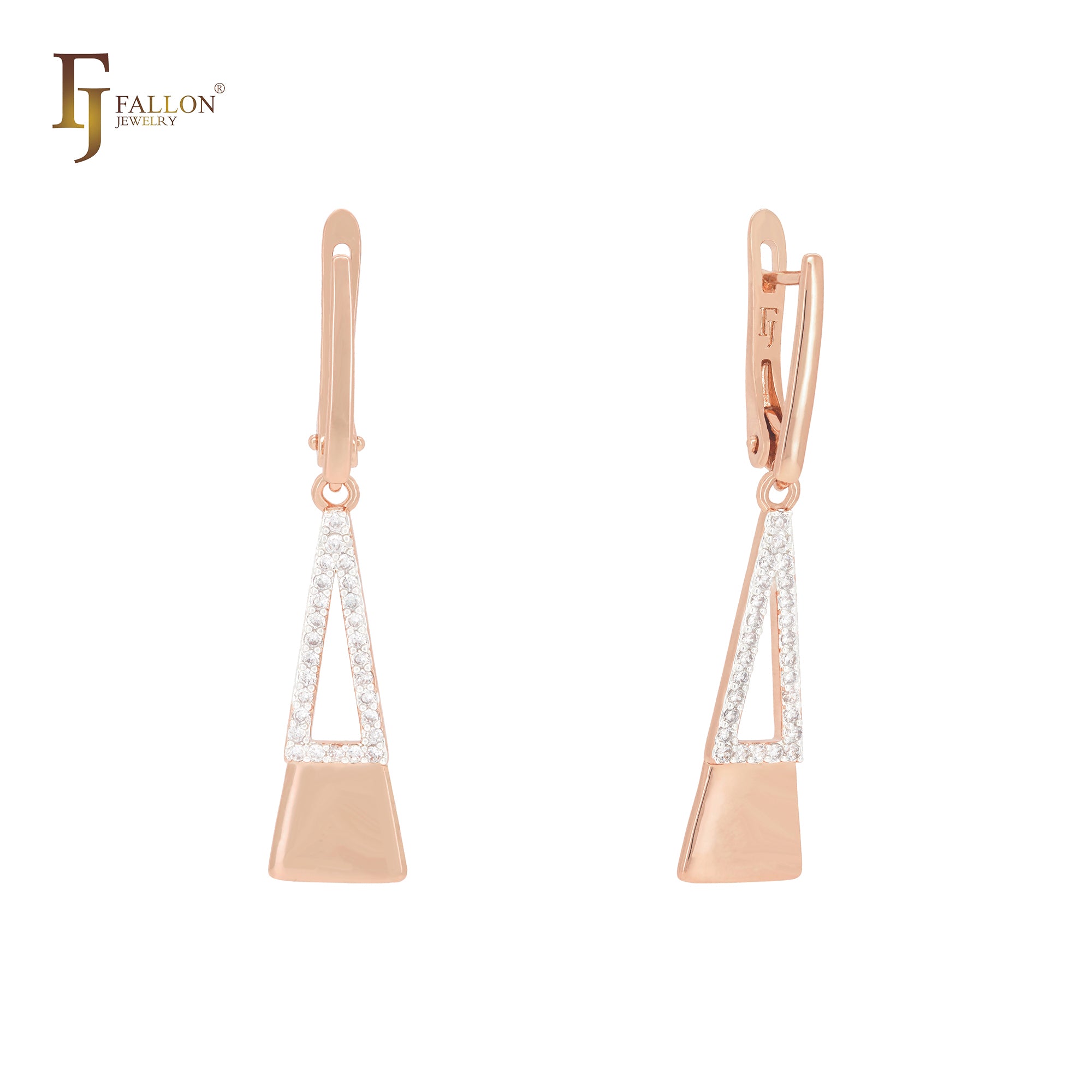 Double Triangular pendulum of white CZs Rose Gold Clip-On Earrings