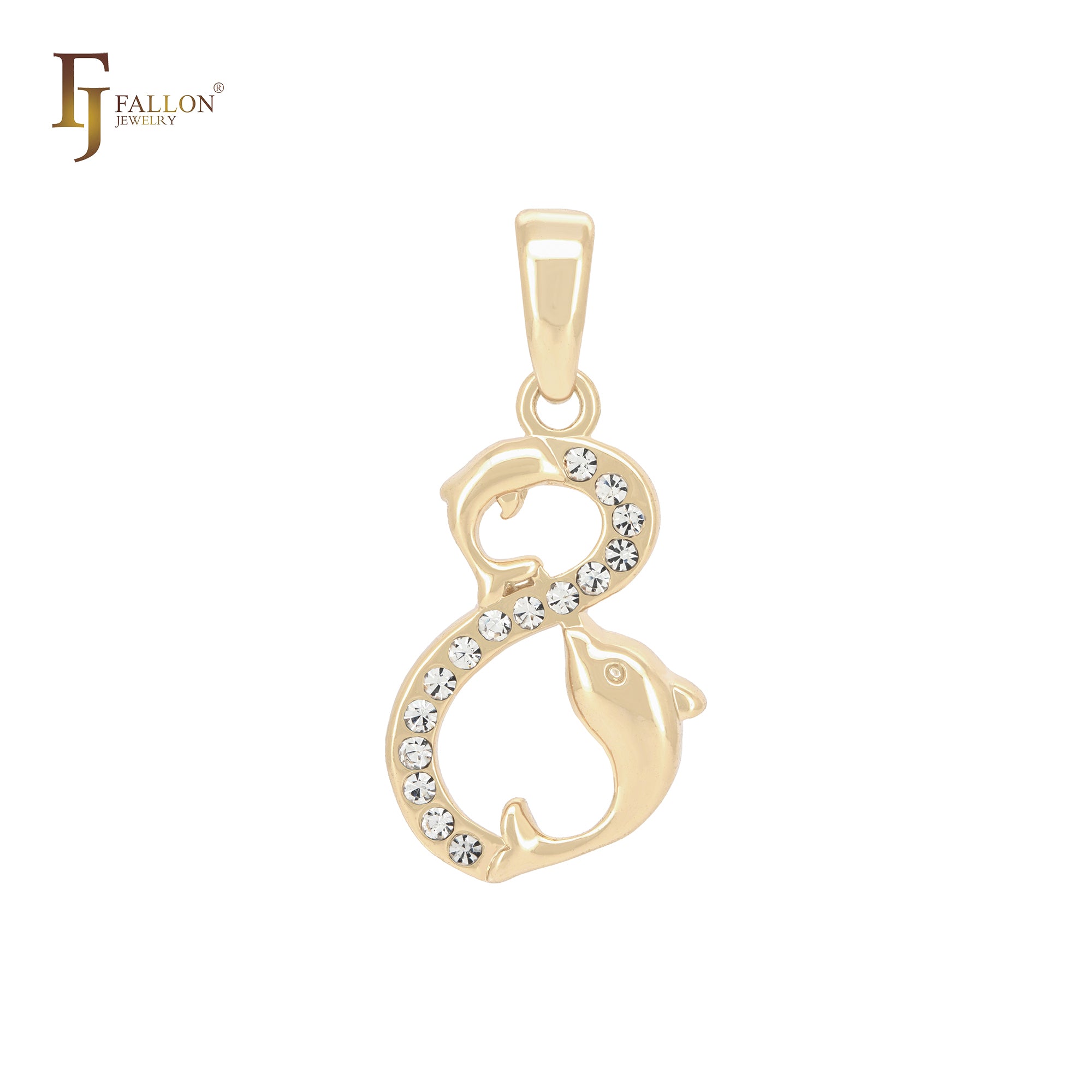 Doub dolphin white CZs 14K Gold Animal Pendant