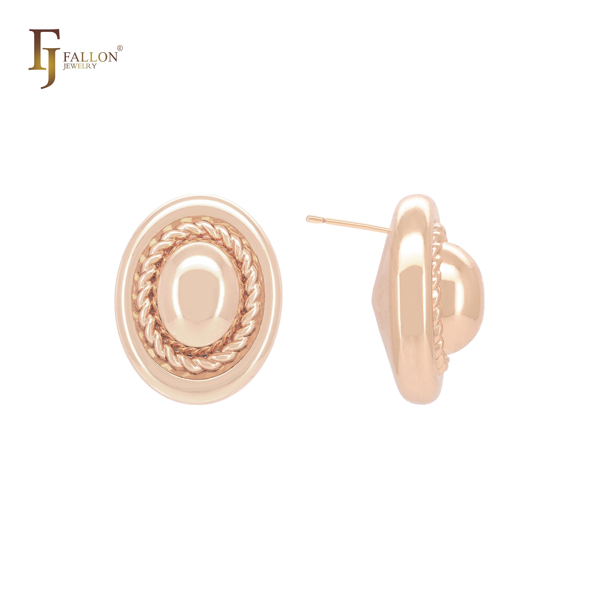 Oval hat with rope rounded shaped 14K Gold, Rose Gold, White Gold Stud Earrings