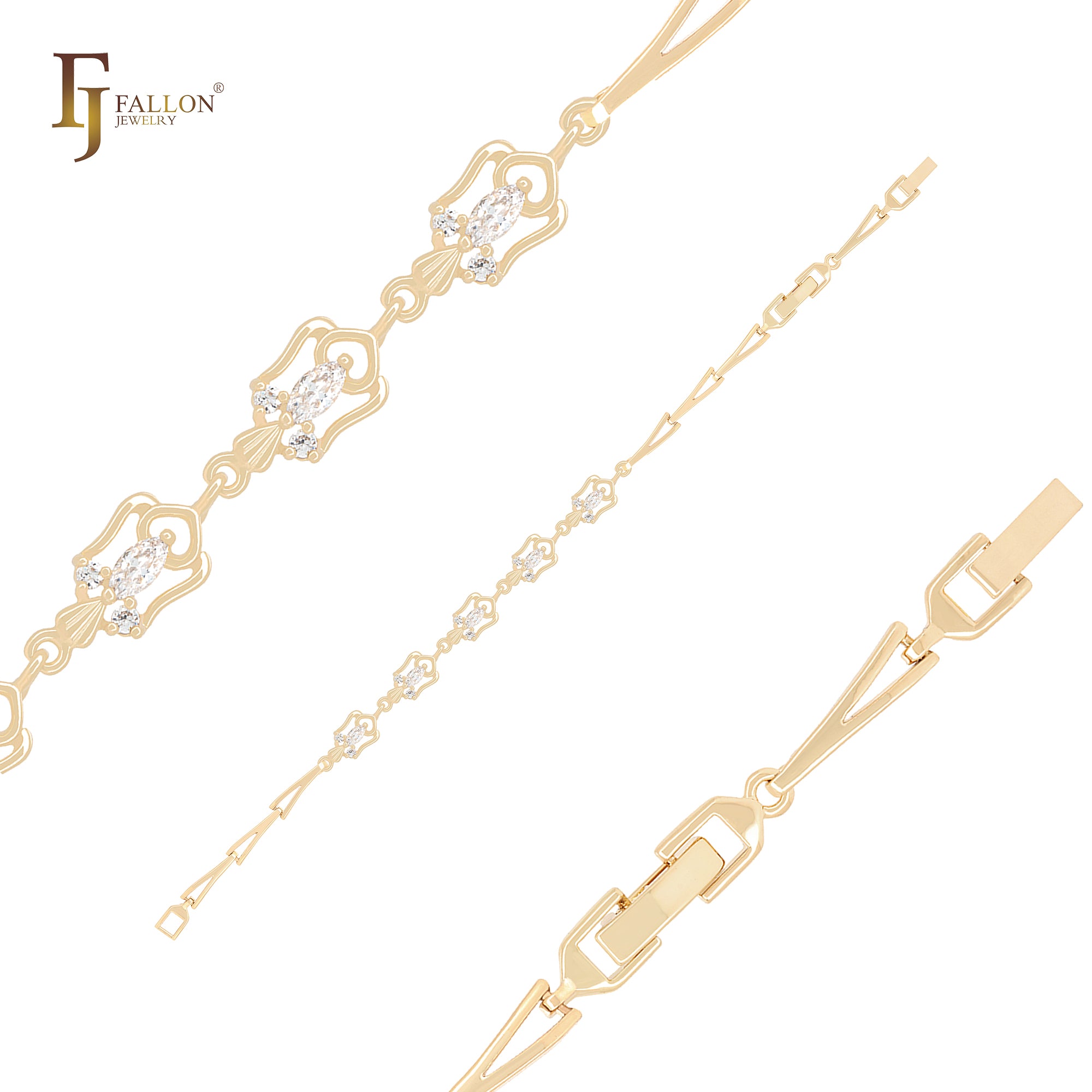 White CZs linked crowns mixed triangular link 14K Gold Bracelets