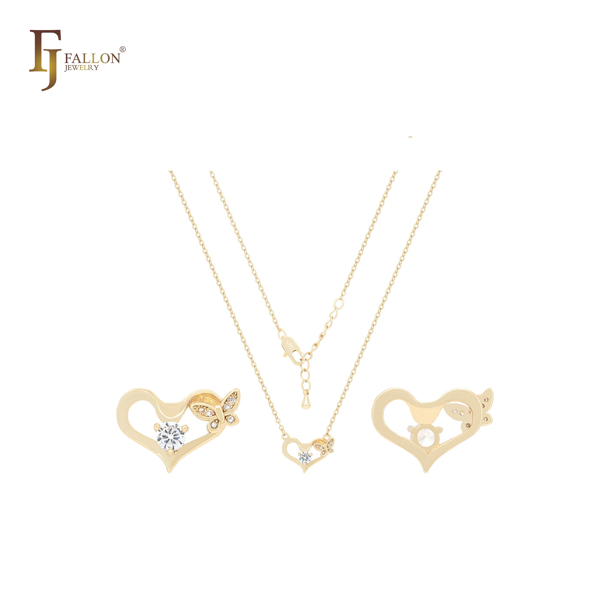 Heart of solitaire white cz and butterfly 14K Gold Necklace