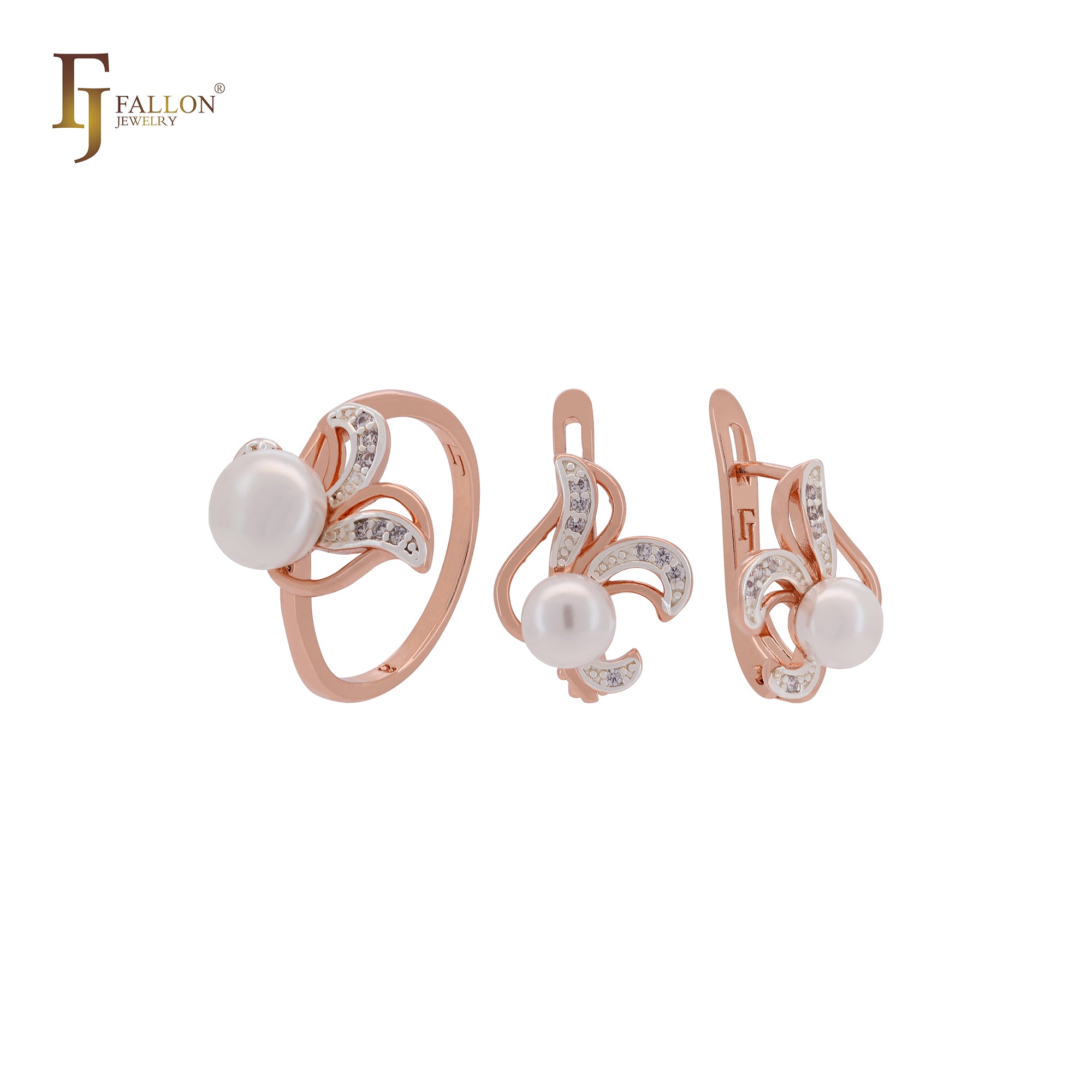 Pearl of flying flower of white CZs Rose Gold two tone Jewelry Set with Rings