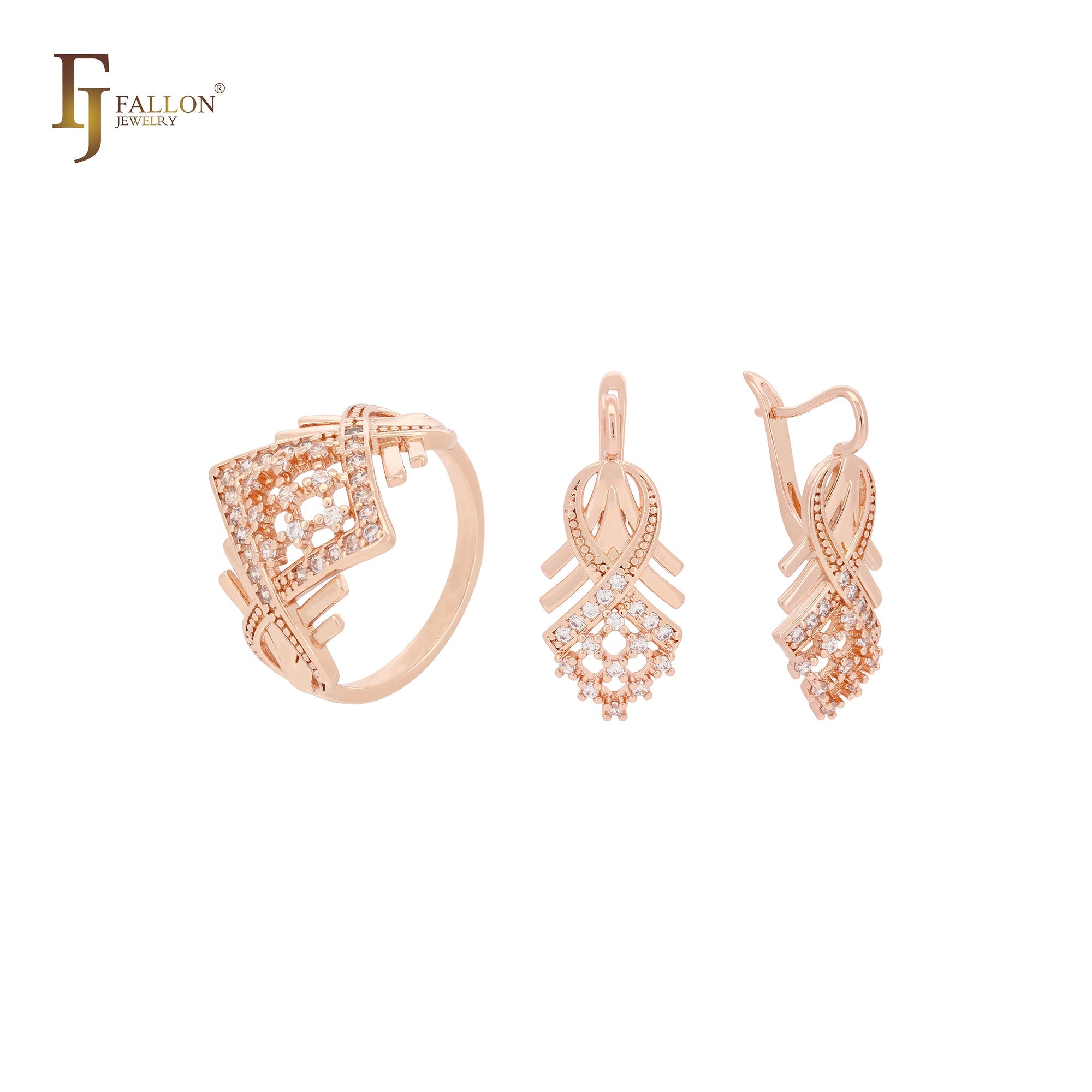 Ribbon cluster white CZs elegant 14K Gold, Rose Gold Jewelry Set with Rings