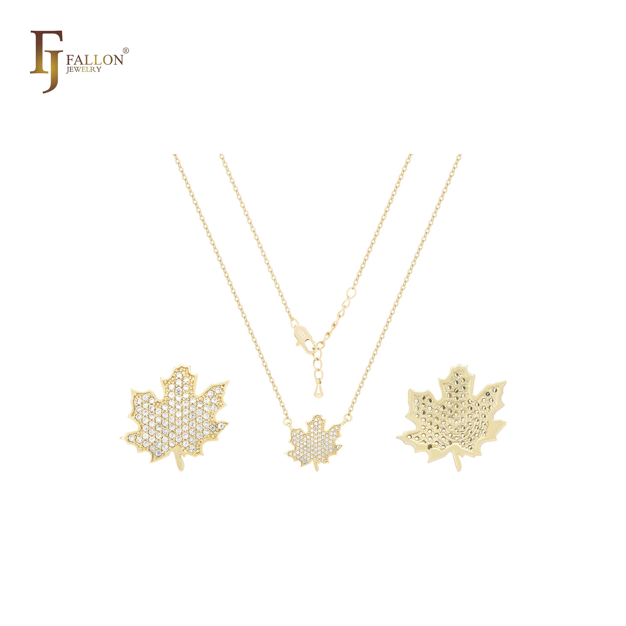 Maple Leaves of cluster white CZs 14K Gold, Rose Gold Necklace