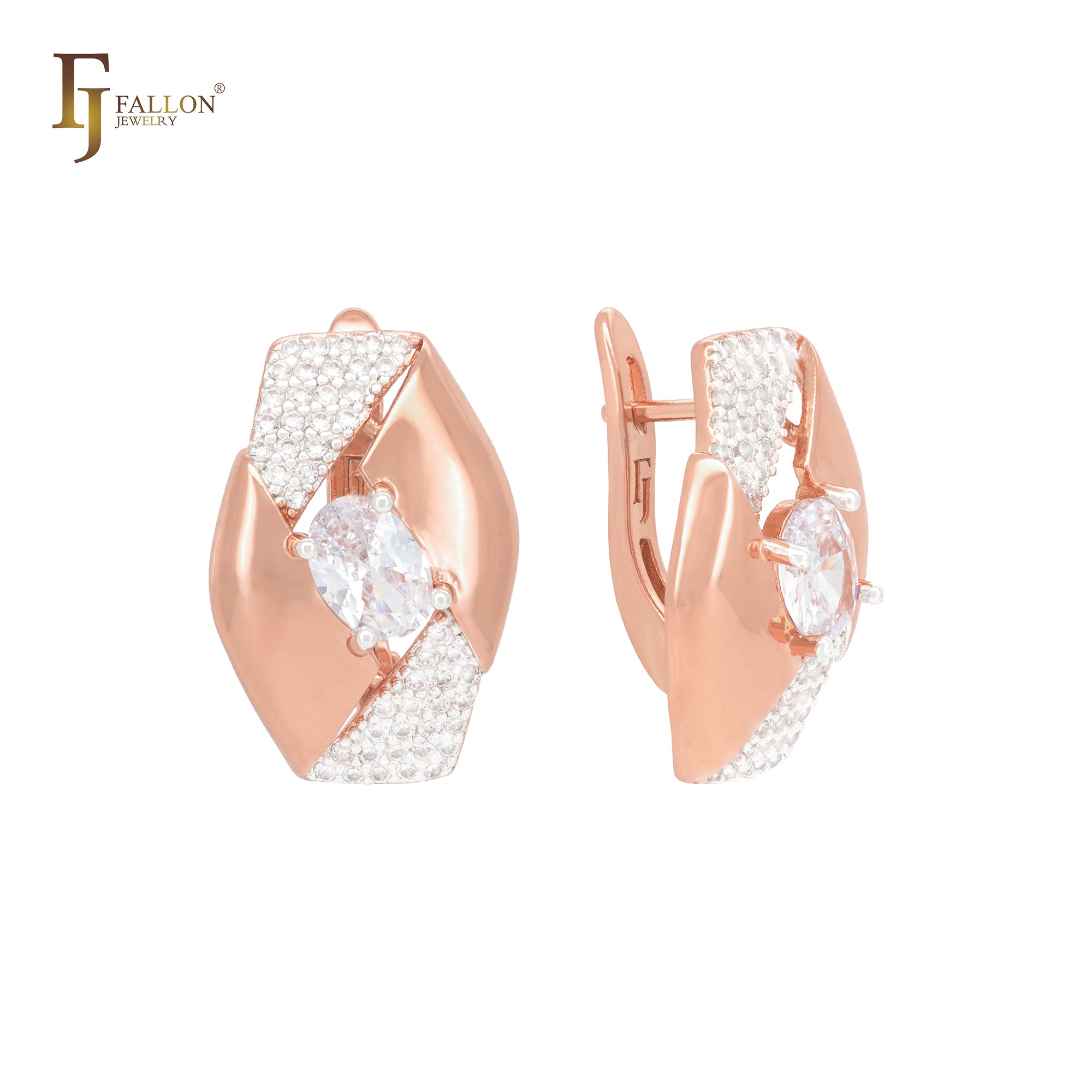 Oval hexagon with solitaire white CZ with Paved white Czs Rose Gold two tone Clip-On Earrings