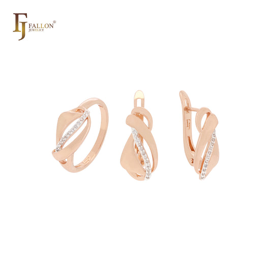 Elegant interlocking ribbons with white CZs Rose Gold Clip-On Earrings