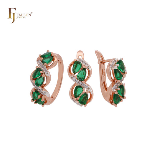 Cluster Pear shape Emerald and White CZs Rose Gold Jewelry Set with Rings