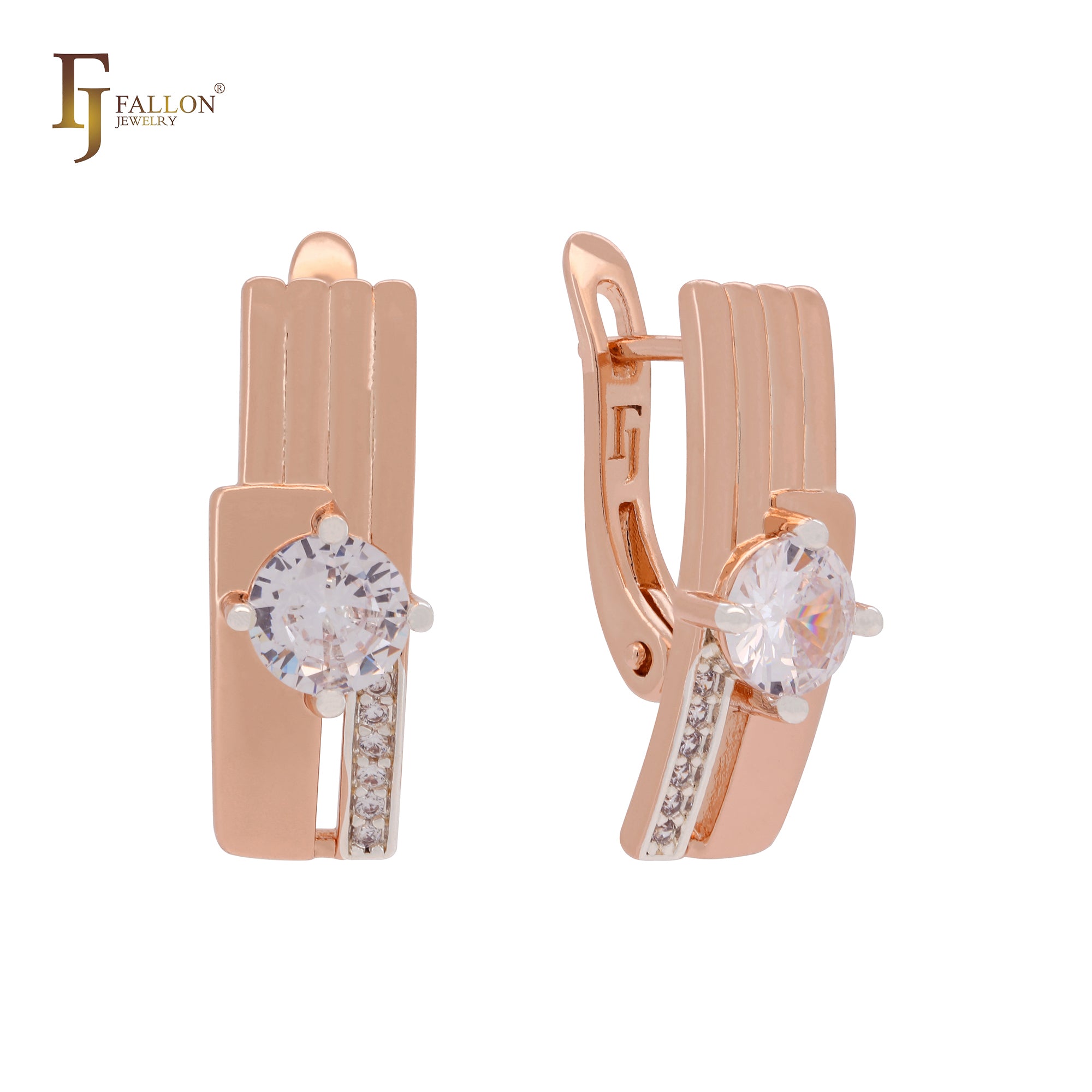 Solitaire rounded white CZ sided with white CZs Rose Gold two tone Clip-On Earrings