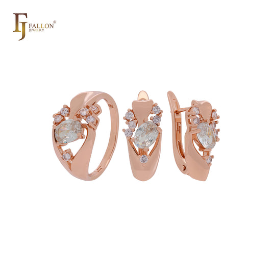 Luxurious white, emerald or coffee CZs Rose Gold Jewelry Set with Rings