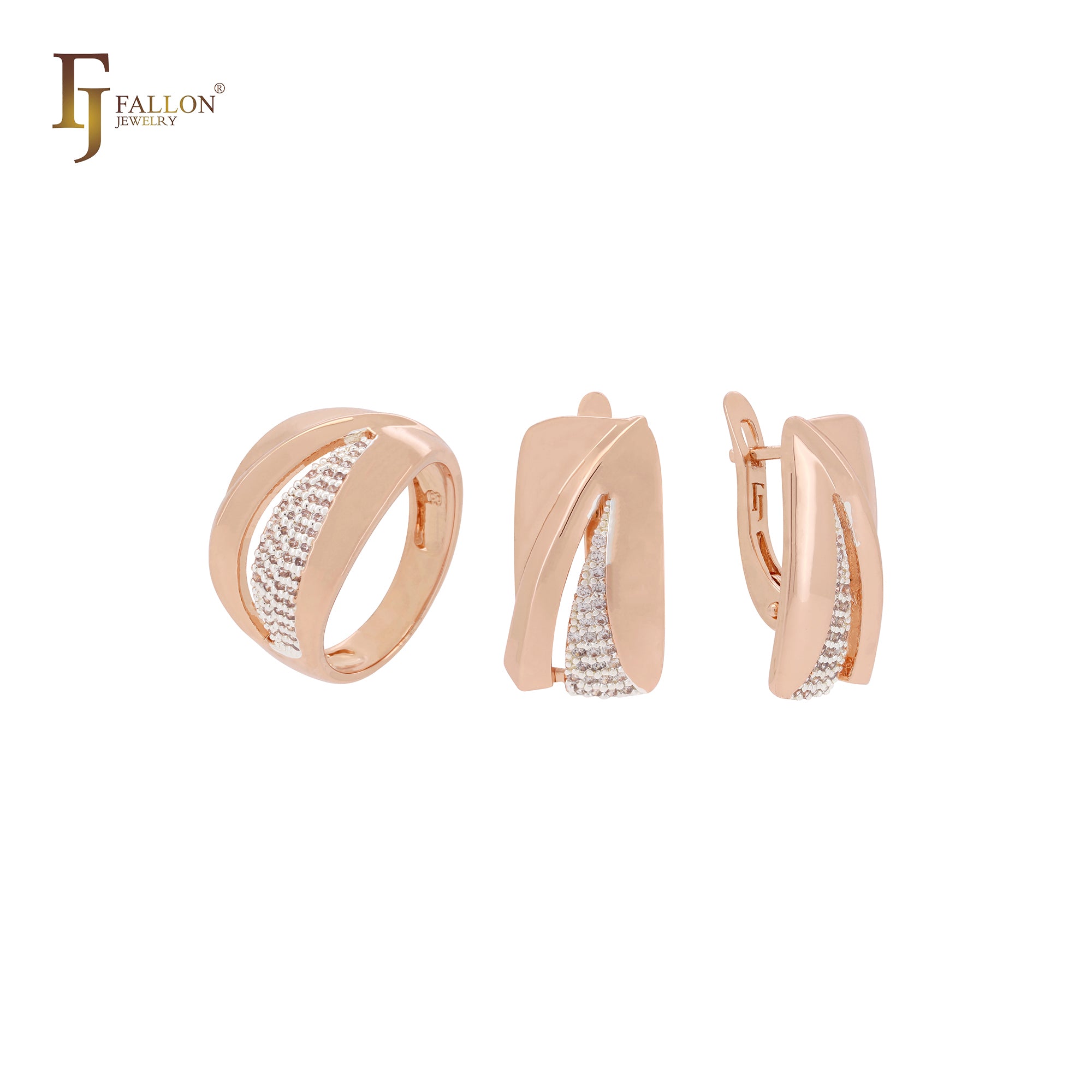 Ribbon of great paved white CZs Rose Gold two tone Jewelry Set with Rings